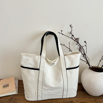 Large Canvas Tote Bag with Contrast Trim and Side Pockets