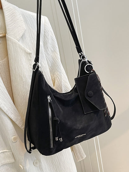 Large Leather Shoulder Bag with Side Zip Pocket and Silver Hardware
