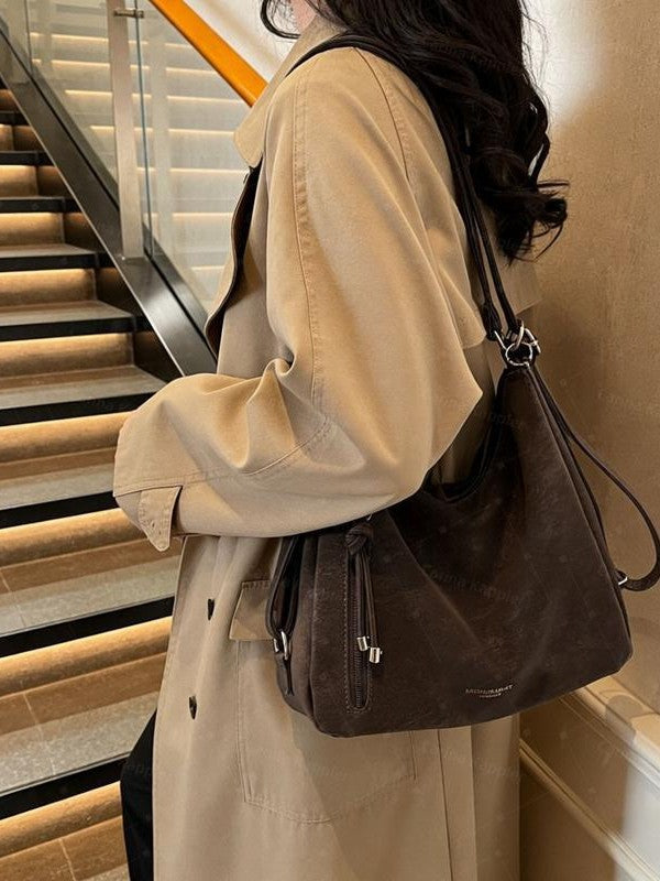 Large Leather Shoulder Bag with Side Zip Pocket and Silver Hardware
