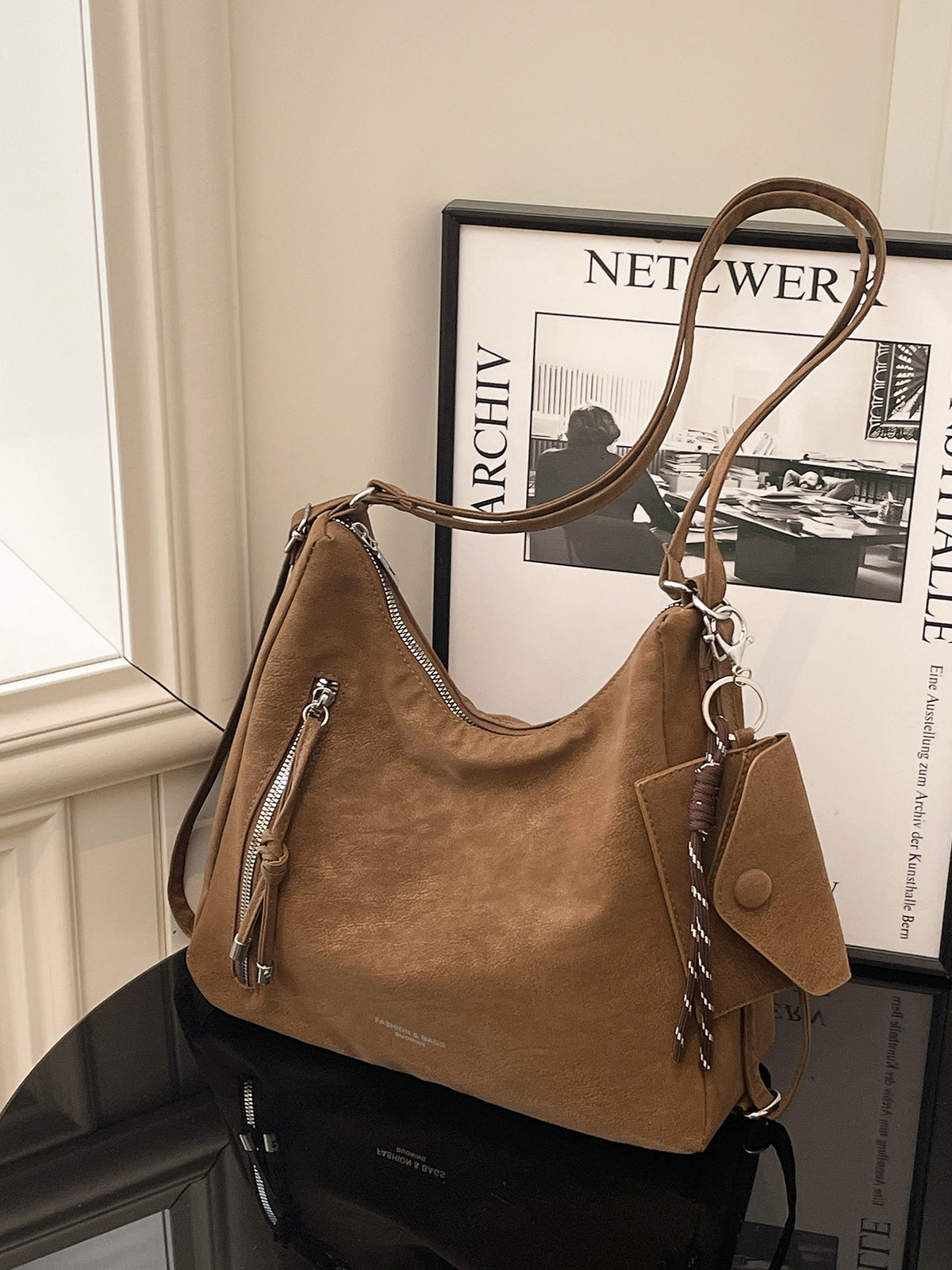 Large Leather Shoulder Bag with Side Zip Pocket and Silver Hardware
