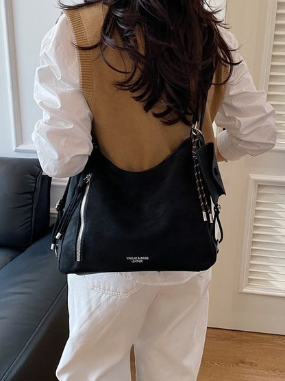 Large Leather Shoulder Bag with Side Zip Pocket and Silver Hardware