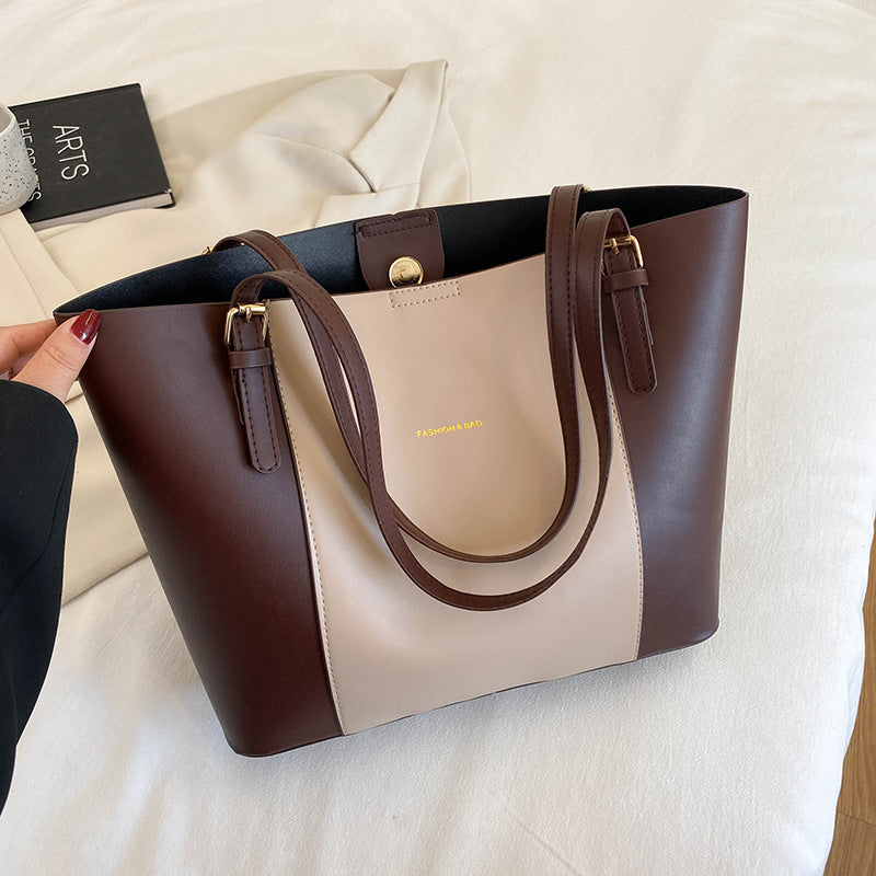 Large Leather Tote Bag with Colour Block Panel and Gold Hardware