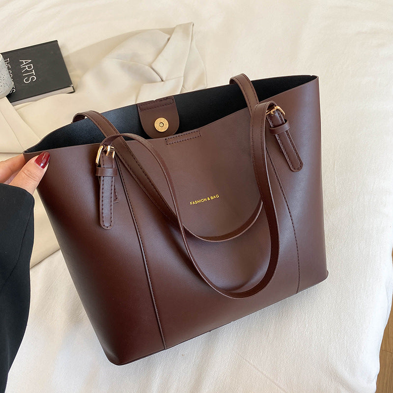 Large Leather Tote Bag with Colour Block Panel and Gold Hardware