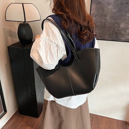 Large Leather Tote Bag with Contrast Stitching