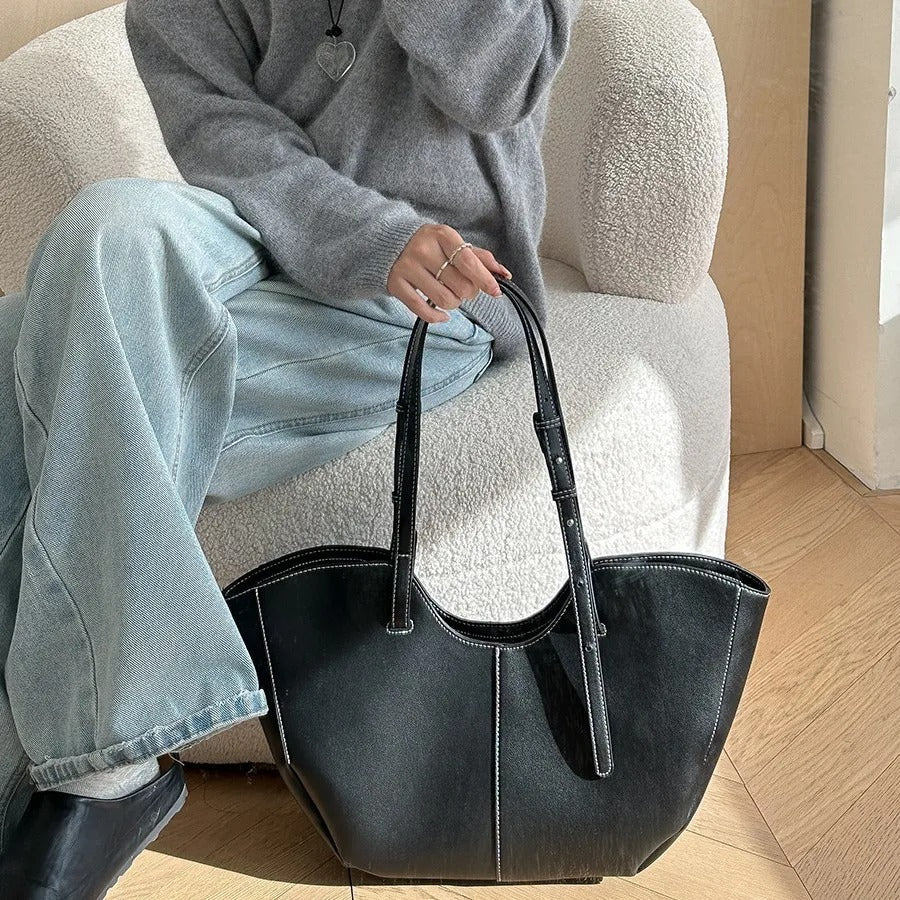 Large Leather Tote Bag with Contrast Stitching