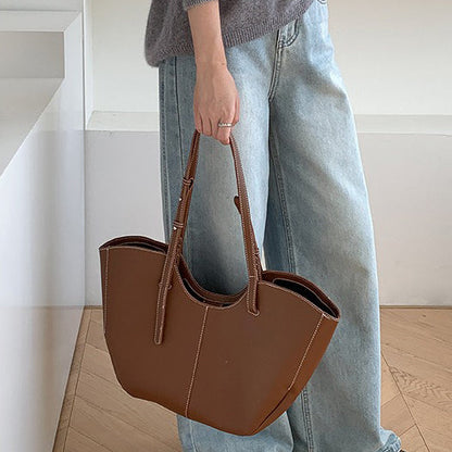 Large Leather Tote Bag with Contrast Stitching