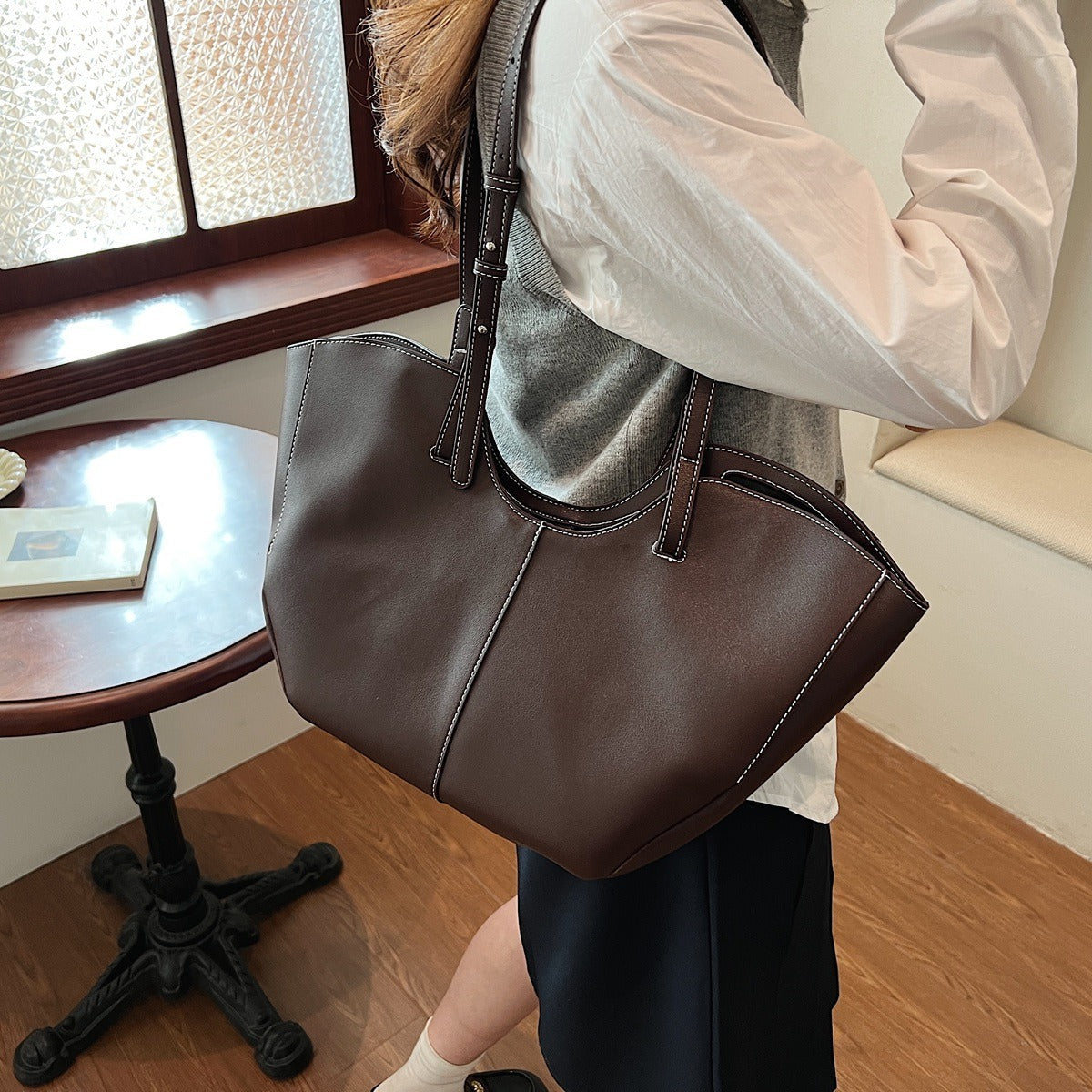 Large Leather Tote Bag with Contrast Stitching