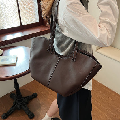 Large Leather Tote Bag with Contrast Stitching