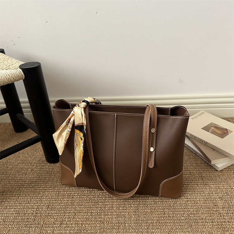 Large Leather Tote Bag with Contrast Stitching and Scarf Detail