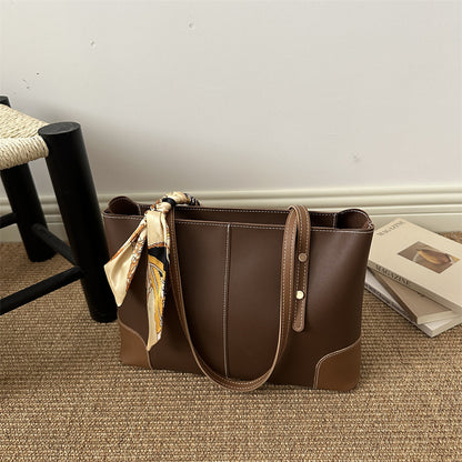 Large Leather Tote Bag with Contrast Stitching and Scarf Detail