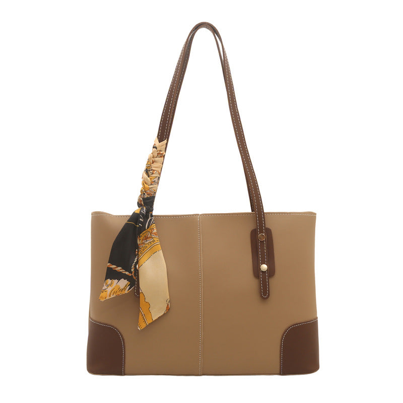 Large Leather Tote Bag with Contrast Stitching and Scarf Detail