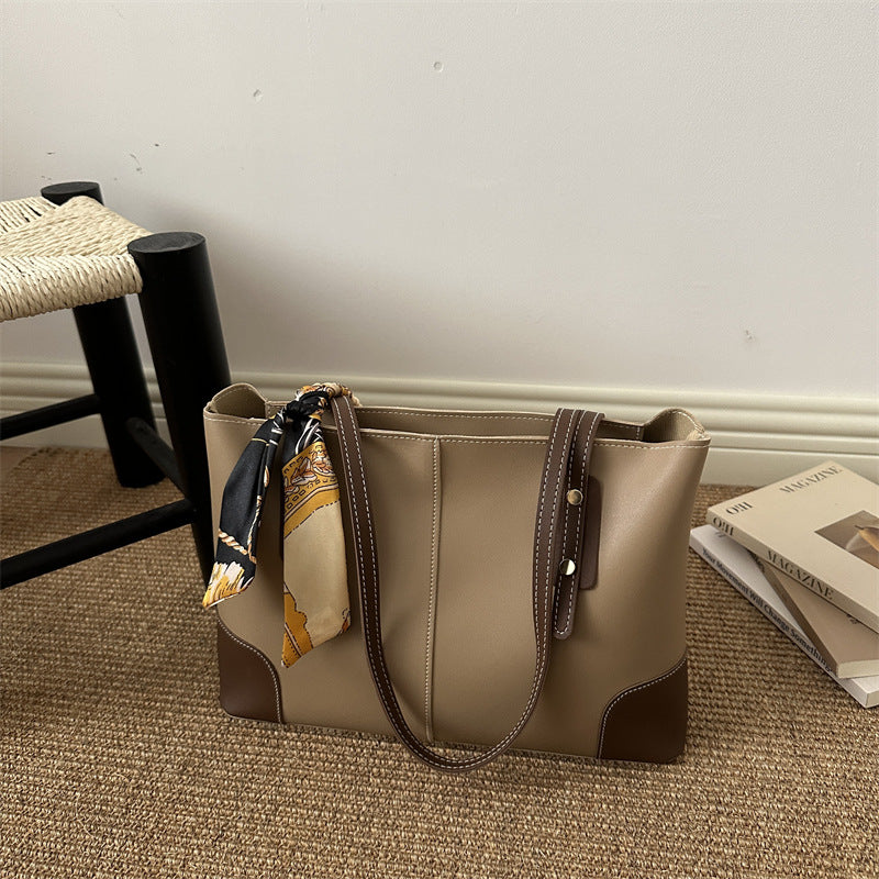 Large Leather Tote Bag with Contrast Stitching and Scarf Detail