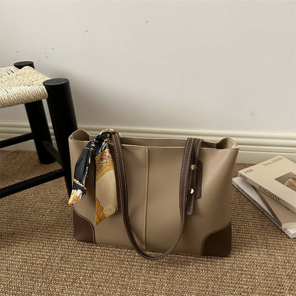 Large Leather Tote Bag with Contrast Stitching and Scarf Detail