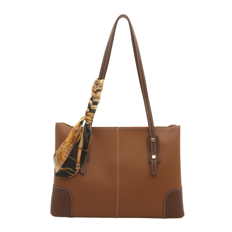 Large Leather Tote Bag with Contrast Stitching and Scarf Detail