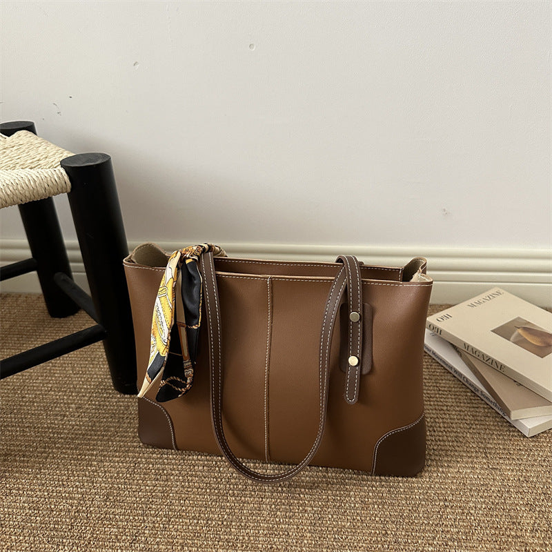Large Leather Tote Bag with Contrast Stitching and Scarf Detail