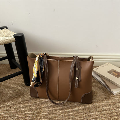 Large Leather Tote Bag with Contrast Stitching and Scarf Detail