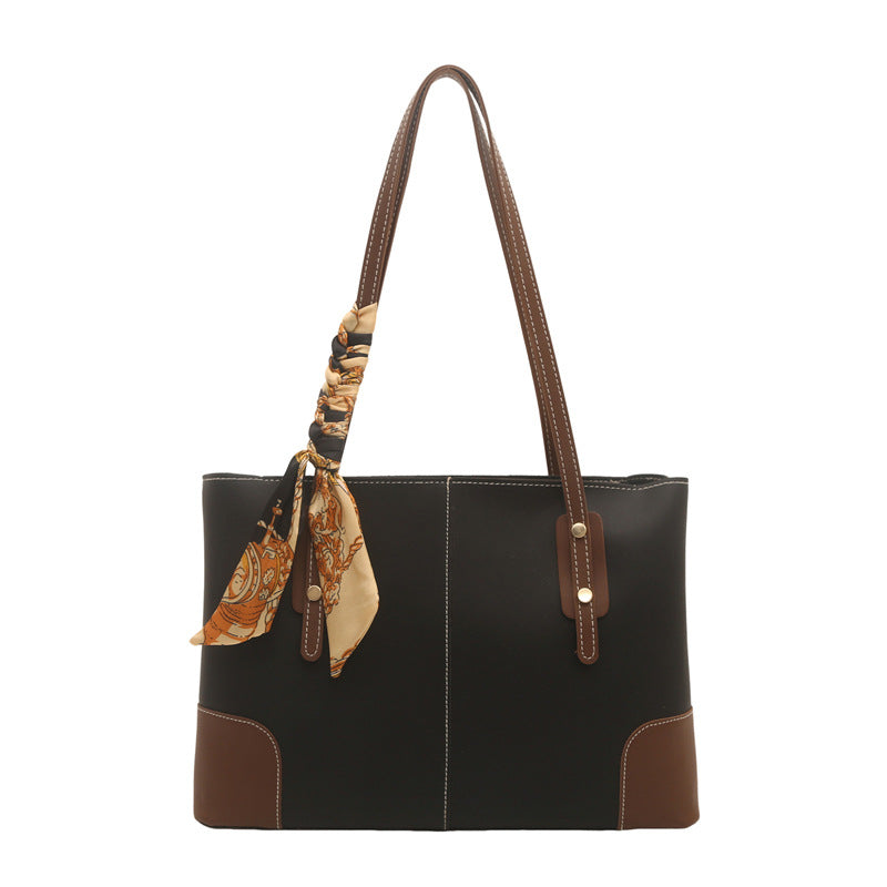 Large Leather Tote Bag with Contrast Stitching and Scarf Detail