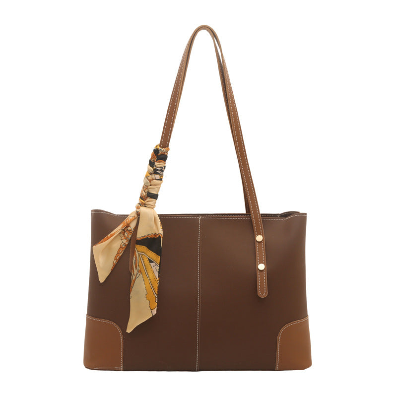 Large Leather Tote Bag with Contrast Stitching and Scarf Detail