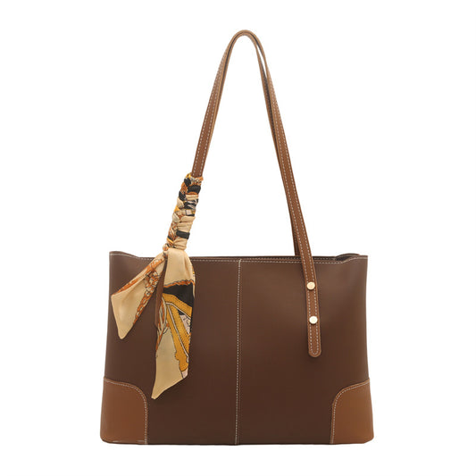 Large Leather Tote Bag with Contrast Stitching and Scarf Detail