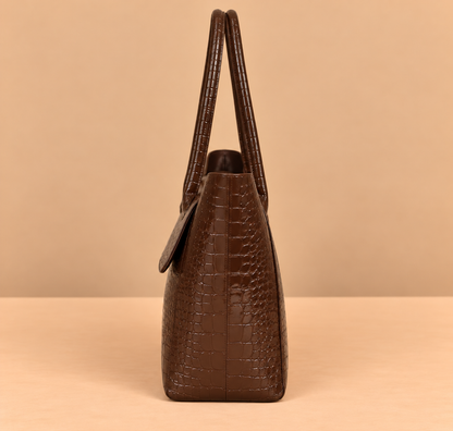 Large Leather Tote Bag with Crocodile Print and Top Handles