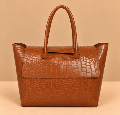 Large Leather Tote Bag with Crocodile Print and Top Handles