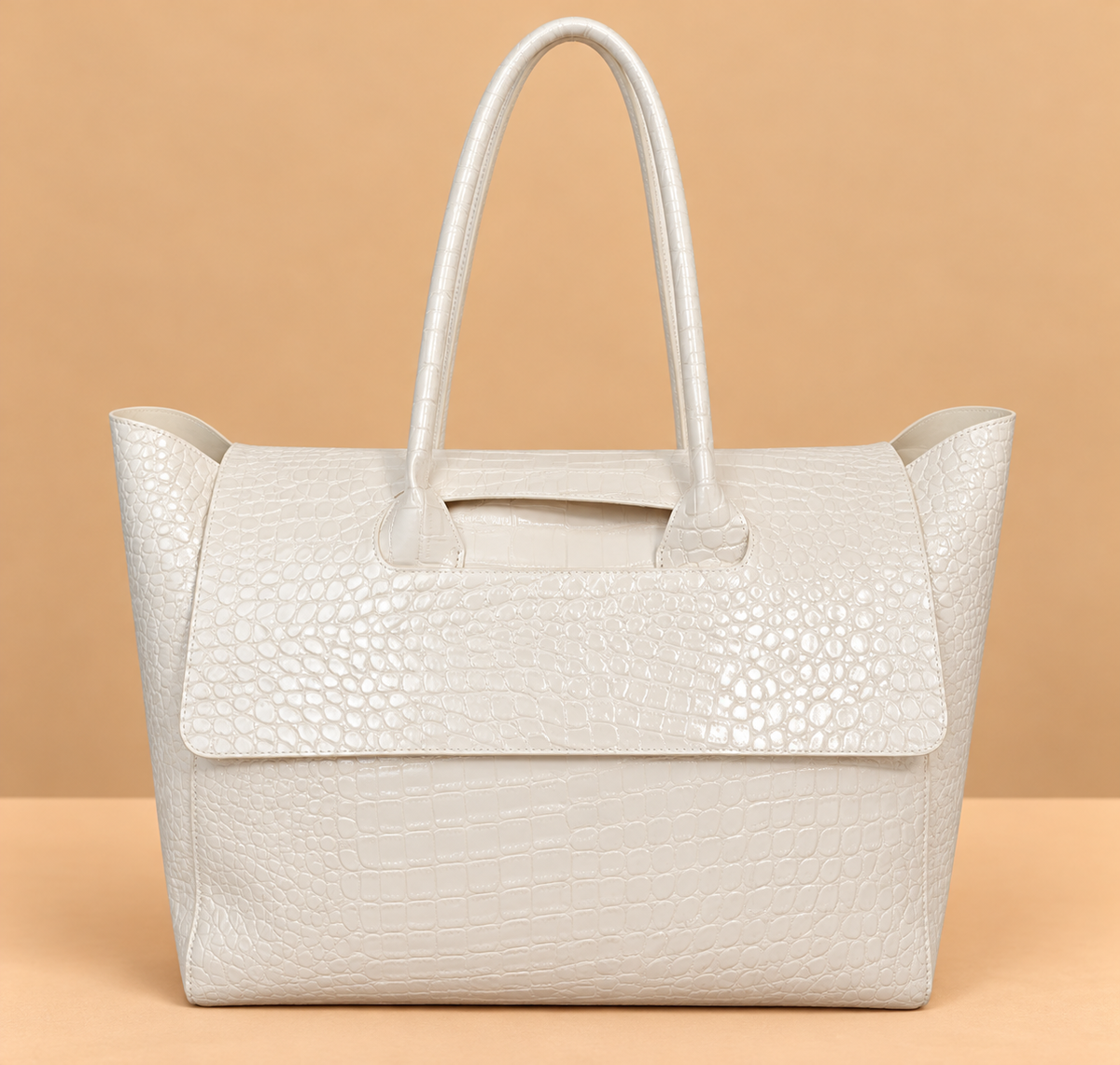 Large Leather Tote Bag with Crocodile Print and Top Handles