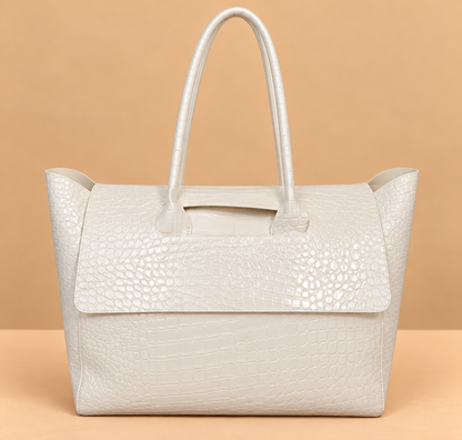 Large Leather Tote Bag with Crocodile Print and Top Handles