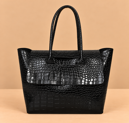 Large Leather Tote Bag with Crocodile Print and Top Handles