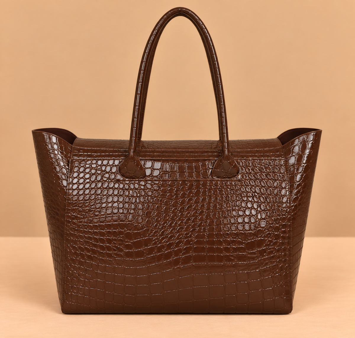 Large Leather Tote Bag with Crocodile Print and Top Handles