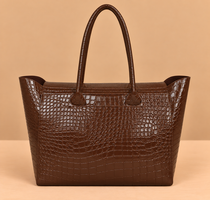 Large Leather Tote Bag with Crocodile Print and Top Handles
