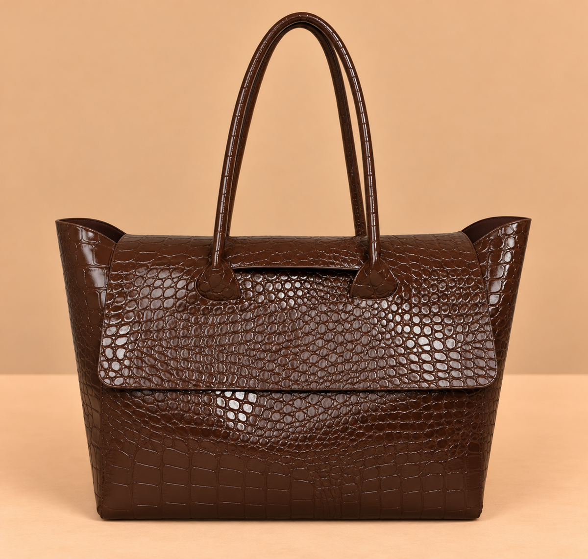 Large Leather Tote Bag with Crocodile Print and Top Handles