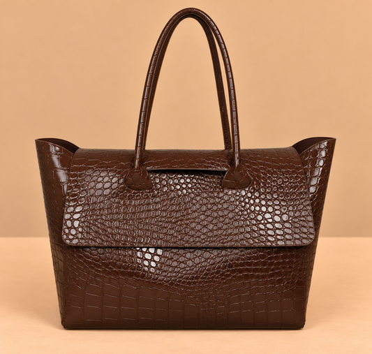 Large Leather Tote Bag with Crocodile Print and Top Handles
