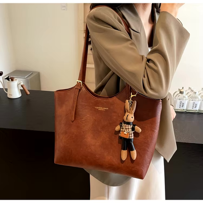 Large Leather Tote Bag with Rabbit Charm