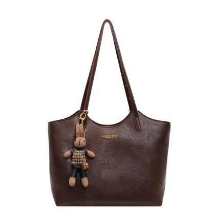 Large Leather Tote Bag with Rabbit Charm
