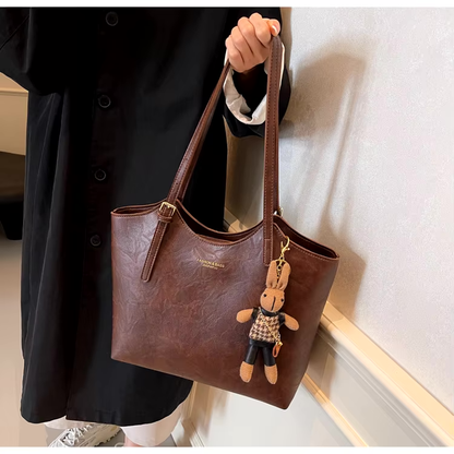 Large Leather Tote Bag with Rabbit Charm