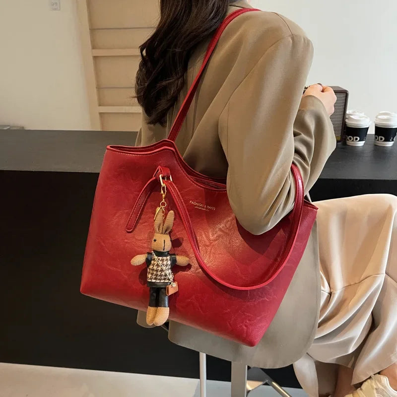 Large Leather Tote Bag with Rabbit Charm