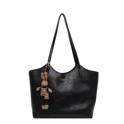 Large Leather Tote Bag with Rabbit Charm