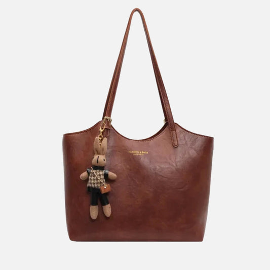 Large Leather Tote Bag with Rabbit Charm