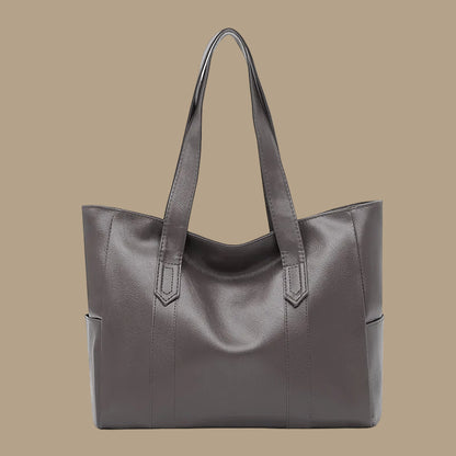 Large Leather Tote Bag with Side Pockets and Shoulder Straps
