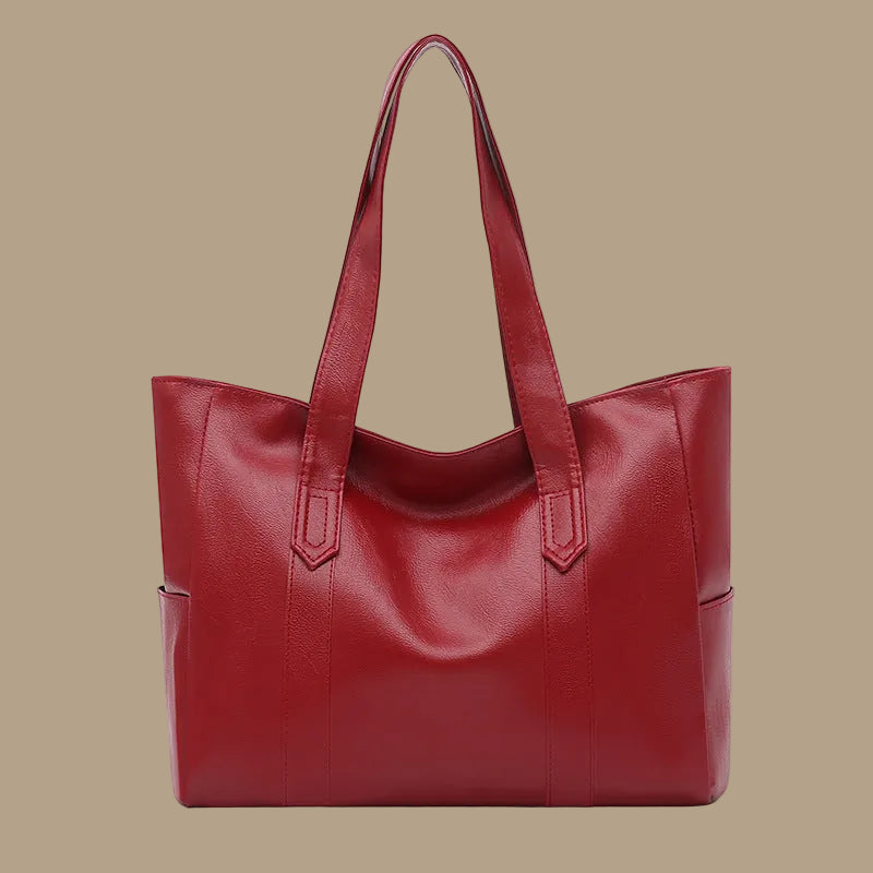 Large Leather Tote Bag with Side Pockets and Shoulder Straps