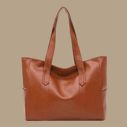 Large Leather Tote Bag with Side Pockets and Shoulder Straps