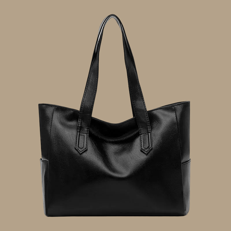 Large Leather Tote Bag with Side Pockets and Shoulder Straps