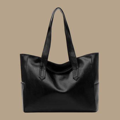 Large Leather Tote Bag with Side Pockets and Shoulder Straps
