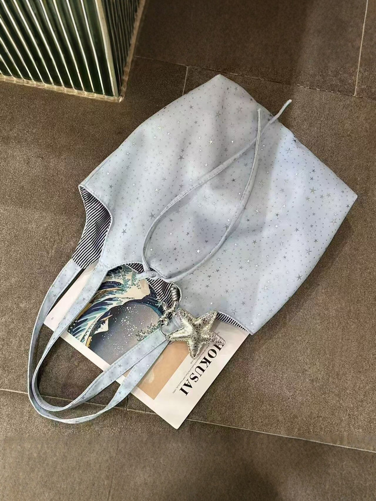 Large Star Print Tote Bag with Star Charm and Striped Lining