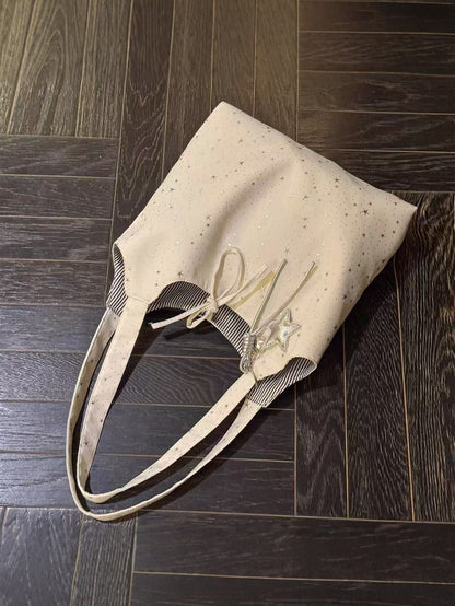 Large Star Print Tote Bag with Star Charm and Striped Lining