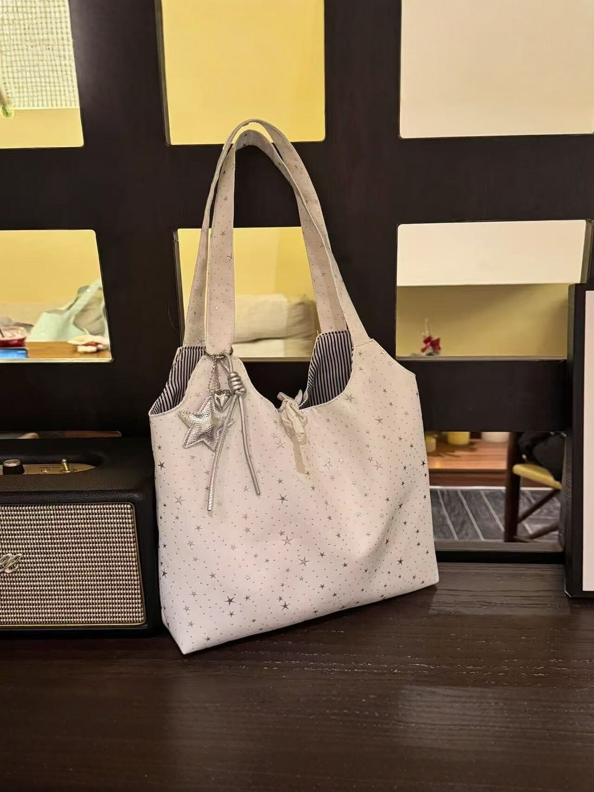 Large Star Print Tote Bag with Star Charm and Striped Lining