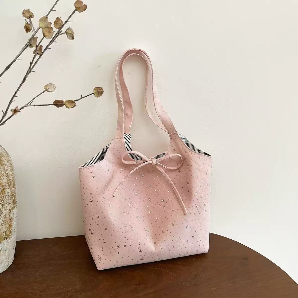 Large Star Print Tote Bag with Star Charm and Striped Lining
