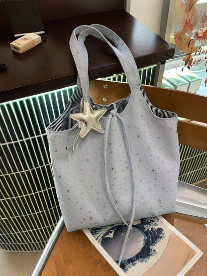 Large Star Print Tote Bag with Star Charm and Striped Lining