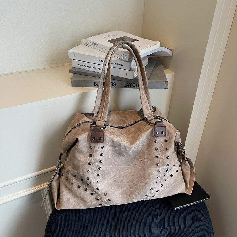 Large Studded Suede Shoulder Bag with Silver Hardware