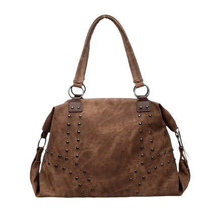 Large Studded Suede Shoulder Bag with Silver Hardware